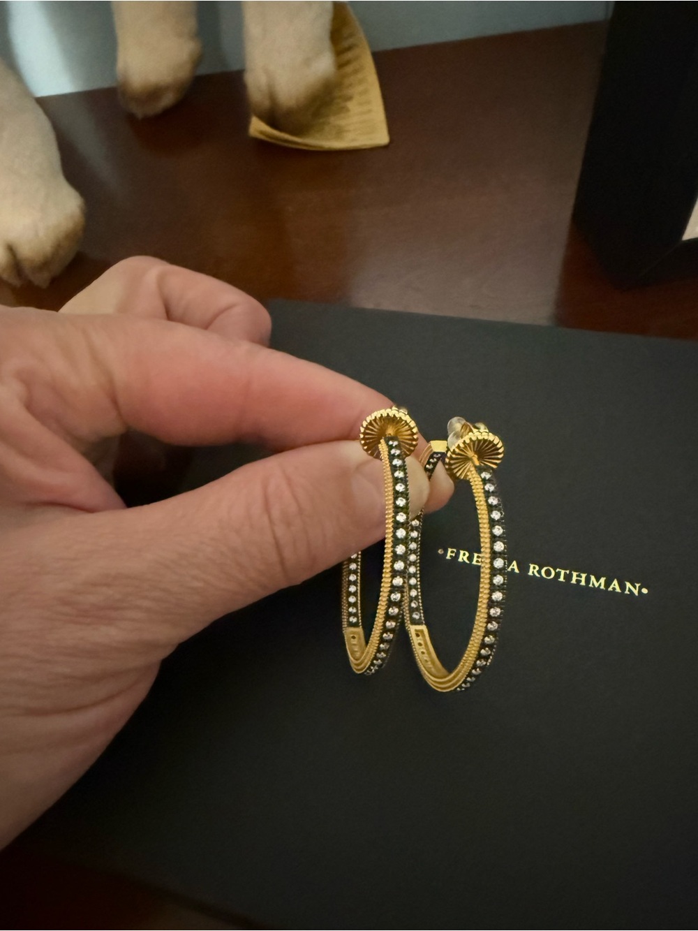 Freida Rothman Gold Hoop Earrings with Black and Crystal Accents